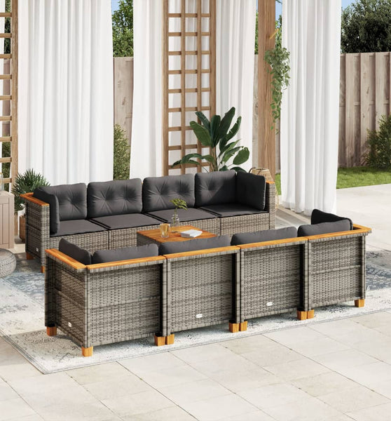 9-tlg. Garten-Sofagarnitur mit Kissen Grau Poly Rattan