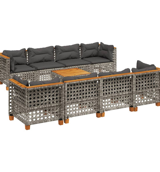 9-tlg. Garten-Sofagarnitur mit Kissen Grau Poly Rattan