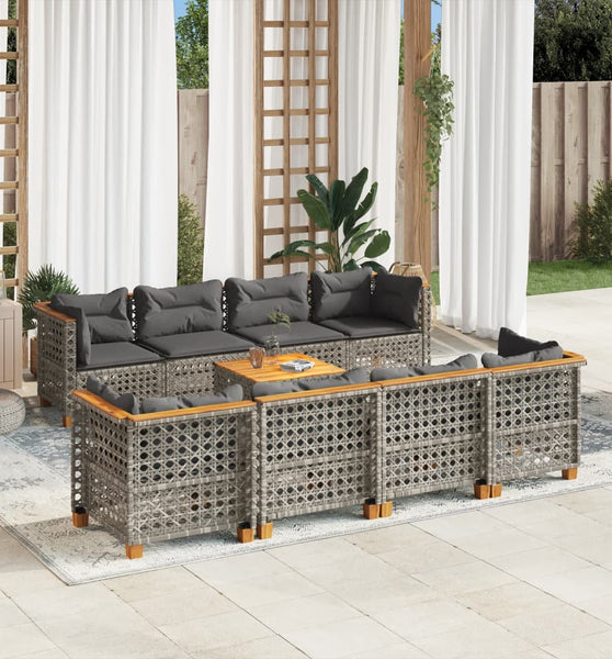 9-tlg. Garten-Sofagarnitur mit Kissen Grau Poly Rattan