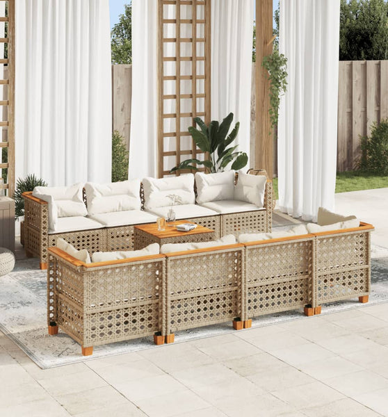 9-tlg. Garten-Sofagarnitur mit Kissen Beige Poly Rattan
