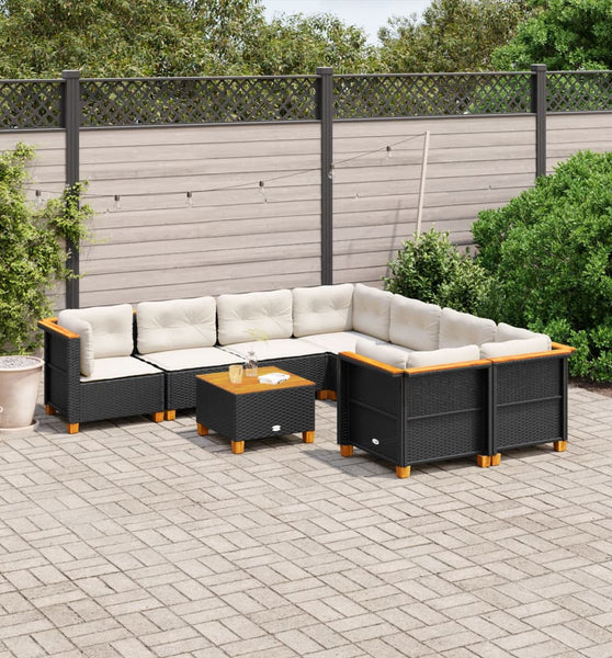 9-tlg. Garten-Sofagarnitur mit Kissen Schwarz Poly Rattan