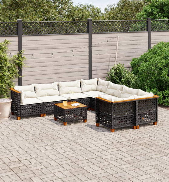 9-tlg. Garten-Sofagarnitur mit Kissen Schwarz Poly Rattan
