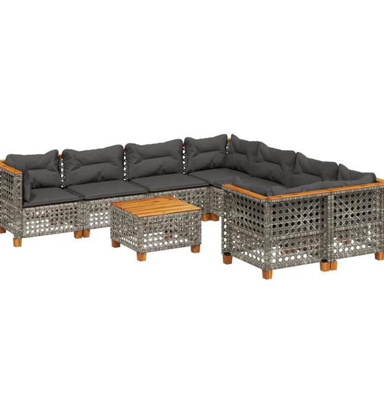 9-tlg. Garten-Sofagarnitur mit Kissen Grau Poly Rattan
