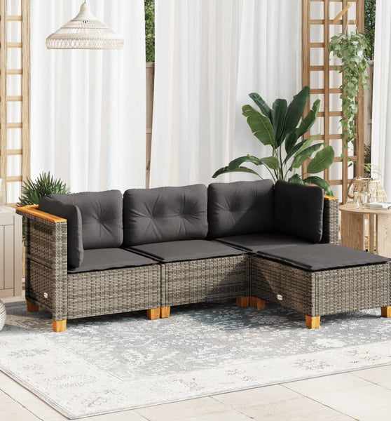 4-tlg. Garten-Sofagarnitur mit Kissen Grau Poly Rattan