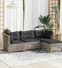 4-tlg. Garten-Sofagarnitur mit Kissen Grau Poly Rattan