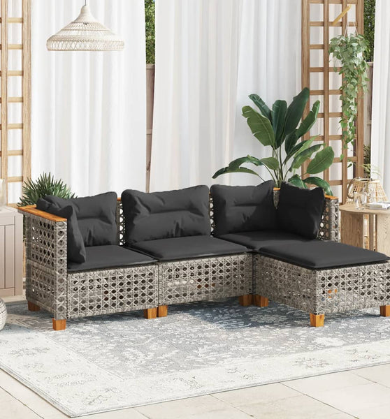 4-tlg. Garten-Sofagarnitur mit Kissen Grau Poly Rattan