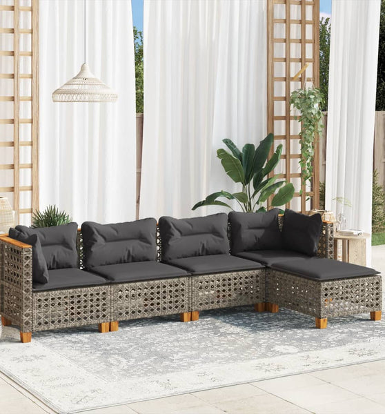 5-tlg. Garten-Sofagarnitur mit Kissen Grau Poly Rattan