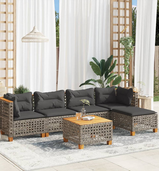 6-tlg. Garten-Sofagarnitur mit Kissen Grau Poly Rattan