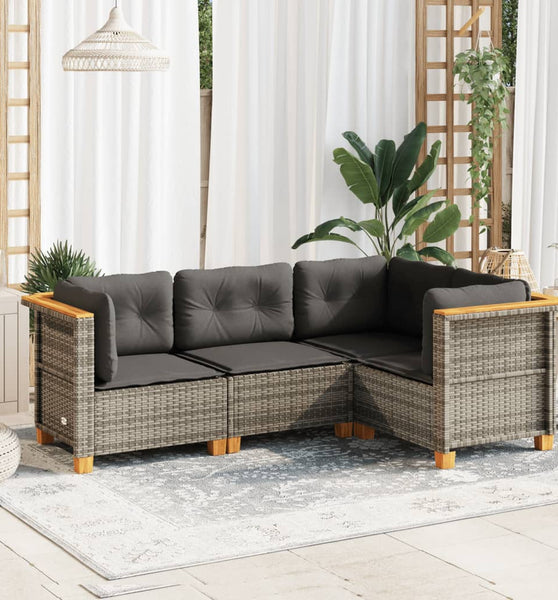 4-tlg. Garten-Sofagarnitur mit Kissen Grau Poly Rattan