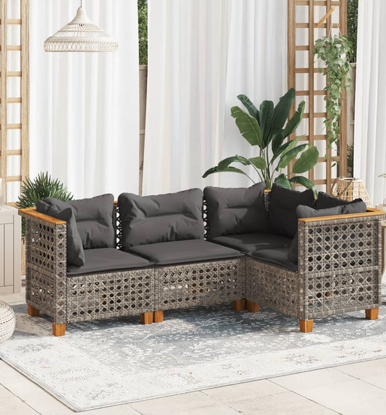 4-tlg. Garten-Sofagarnitur mit Kissen Grau Poly Rattan