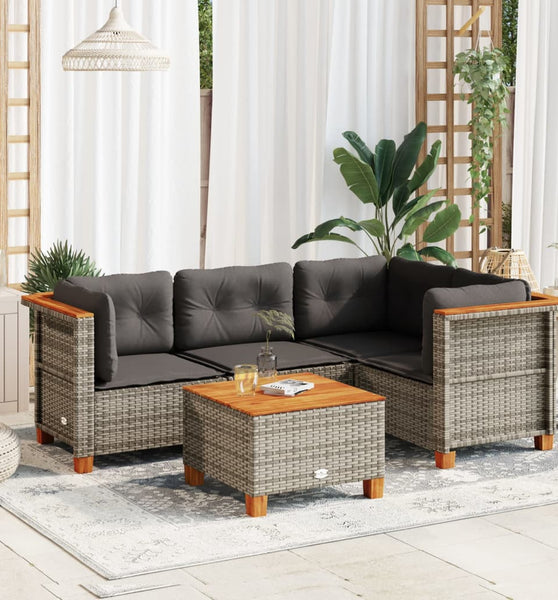 5-tlg. Garten-Sofagarnitur mit Kissen Grau Poly Rattan
