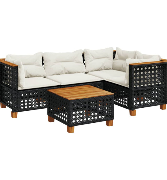 5-tlg. Garten-Sofagarnitur mit Kissen Schwarz Poly Rattan