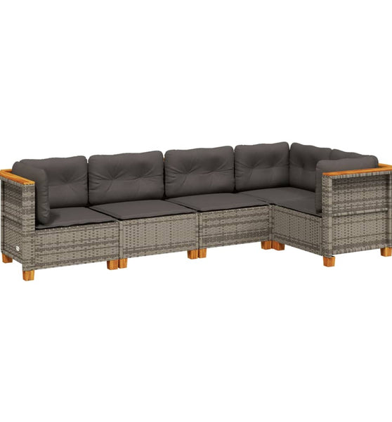5-tlg. Garten-Sofagarnitur mit Kissen Grau Poly Rattan