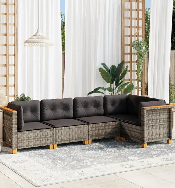 5-tlg. Garten-Sofagarnitur mit Kissen Grau Poly Rattan