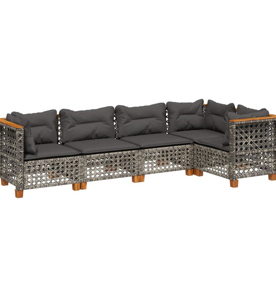 5-tlg. Garten-Sofagarnitur mit Kissen Grau Poly Rattan