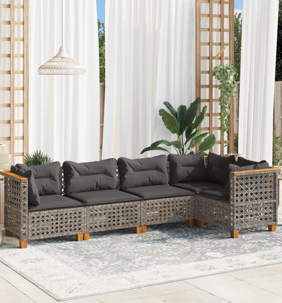 5-tlg. Garten-Sofagarnitur mit Kissen Grau Poly Rattan