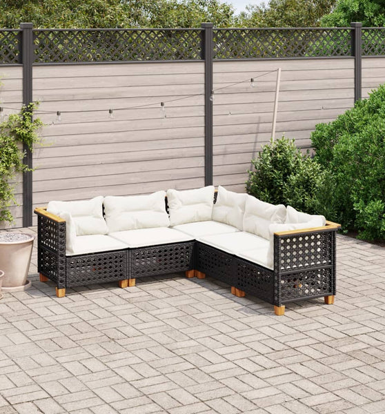 5-tlg. Garten-Sofagarnitur mit Kissen Schwarz Poly Rattan