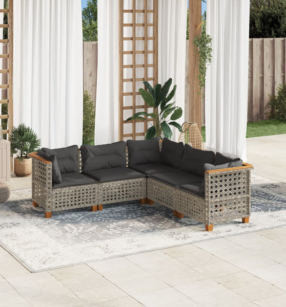 5-tlg. Garten-Sofagarnitur mit Kissen Grau Poly Rattan