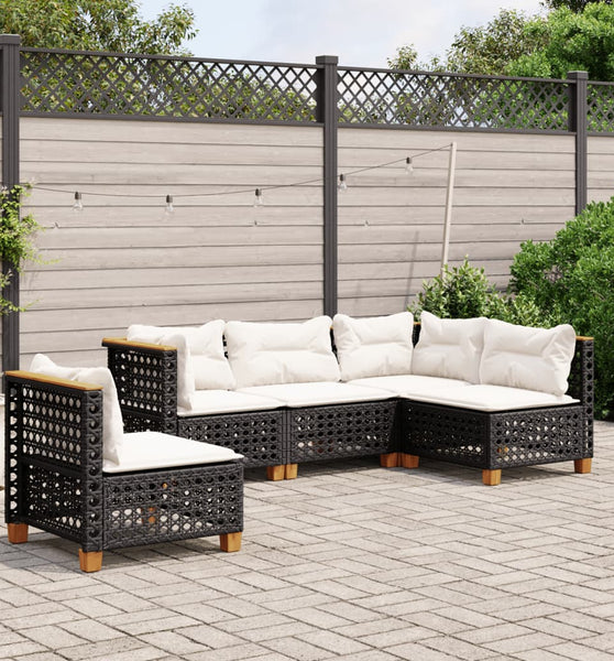 5-tlg. Garten-Sofagarnitur mit Kissen Schwarz Poly Rattan