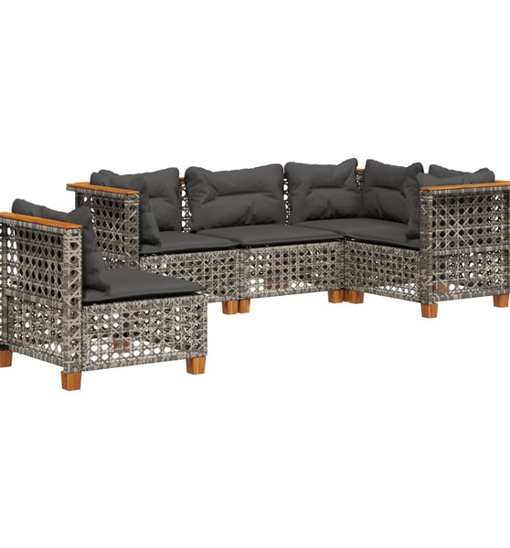 5-tlg. Garten-Sofagarnitur mit Kissen Grau Poly Rattan