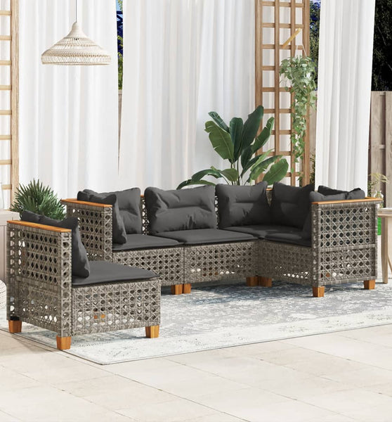 5-tlg. Garten-Sofagarnitur mit Kissen Grau Poly Rattan