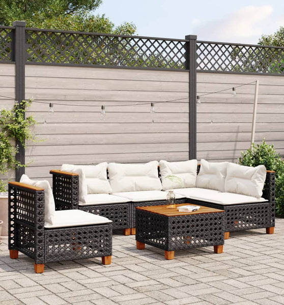 6-tlg. Garten-Sofagarnitur mit Kissen Schwarz Poly Rattan