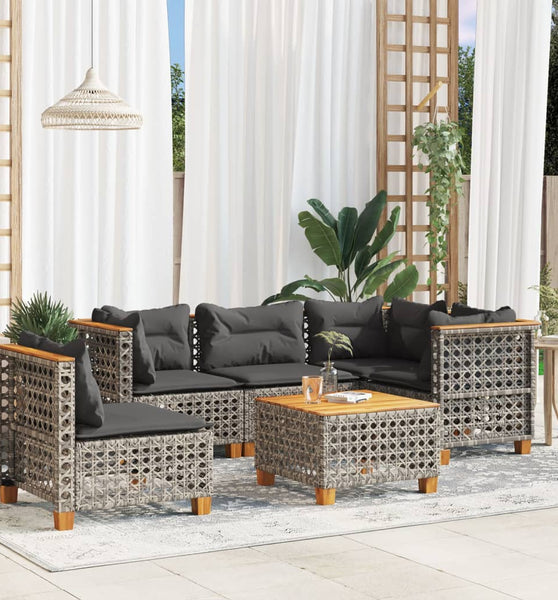 6-tlg. Garten-Sofagarnitur mit Kissen Grau Poly Rattan