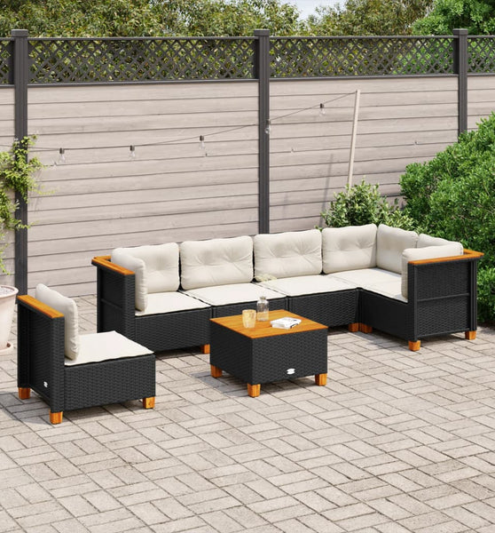 7-tlg. Garten-Sofagarnitur mit Kissen Schwarz Poly Rattan