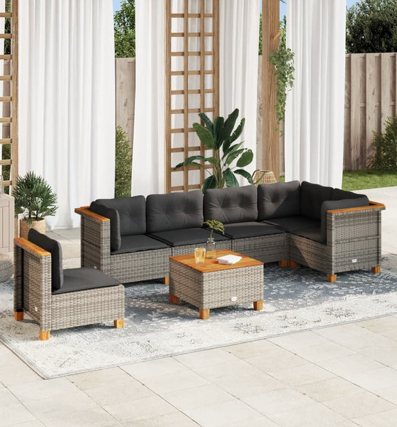 7-tlg. Garten-Sofagarnitur mit Kissen Grau Poly Rattan