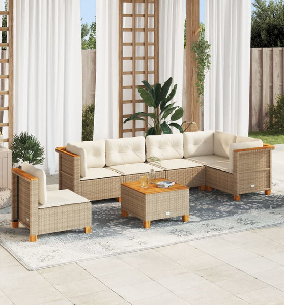 7-tlg. Garten-Sofagarnitur mit Kissen Beige Poly Rattan