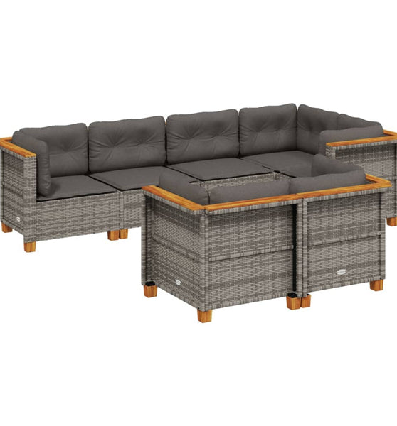 7-tlg. Garten-Sofagarnitur mit Kissen Grau Poly Rattan