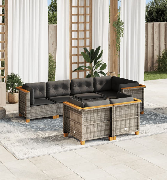 7-tlg. Garten-Sofagarnitur mit Kissen Grau Poly Rattan