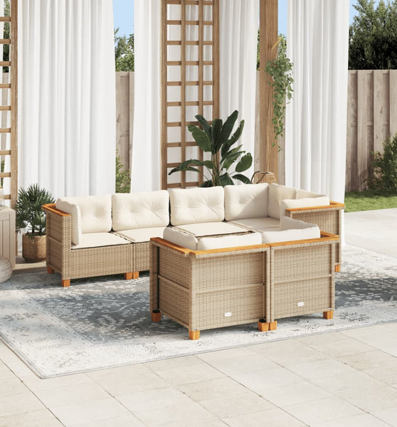 7-tlg. Garten-Sofagarnitur mit Kissen Beige Poly Rattan
