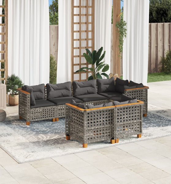 7-tlg. Garten-Sofagarnitur mit Kissen Grau Poly Rattan