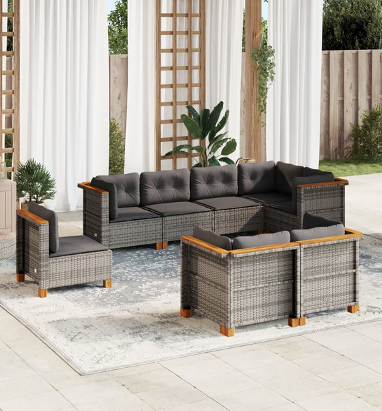 8-tlg. Garten-Sofagarnitur mit Kissen Grau Poly Rattan