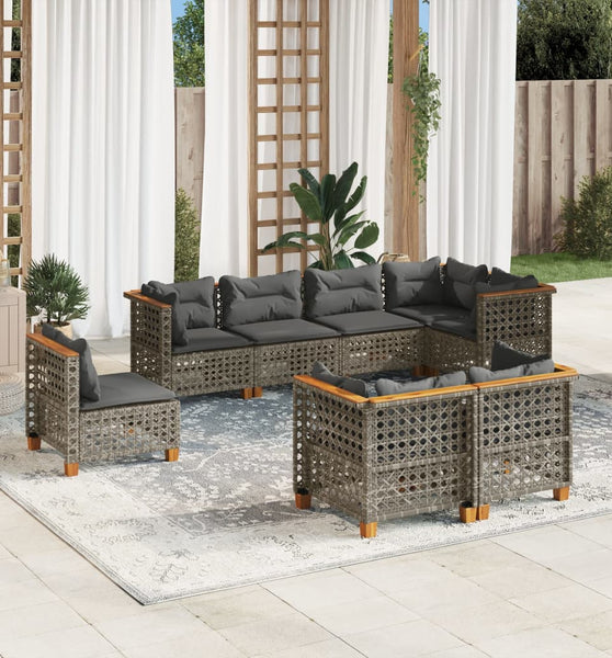 8-tlg. Garten-Sofagarnitur mit Kissen Grau Poly Rattan