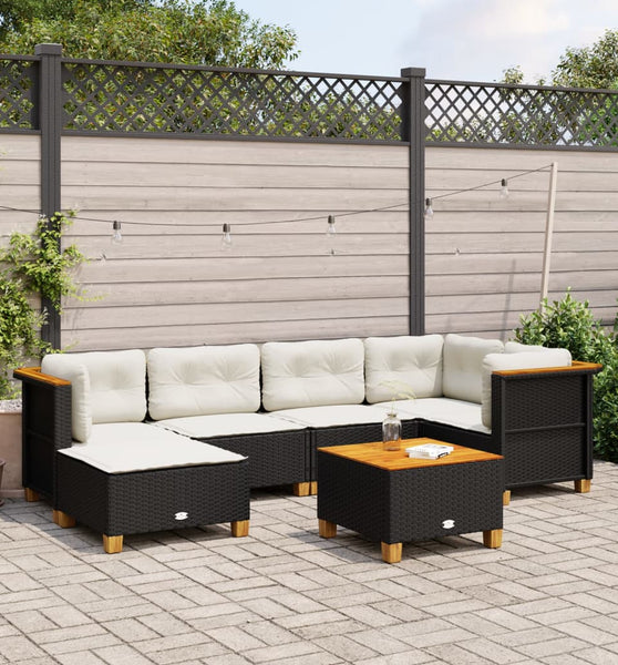7-tlg. Garten-Sofagarnitur mit Kissen Schwarz Poly Rattan