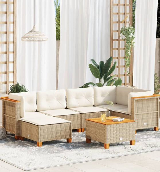 7-tlg. Garten-Sofagarnitur mit Kissen Beige Poly Rattan