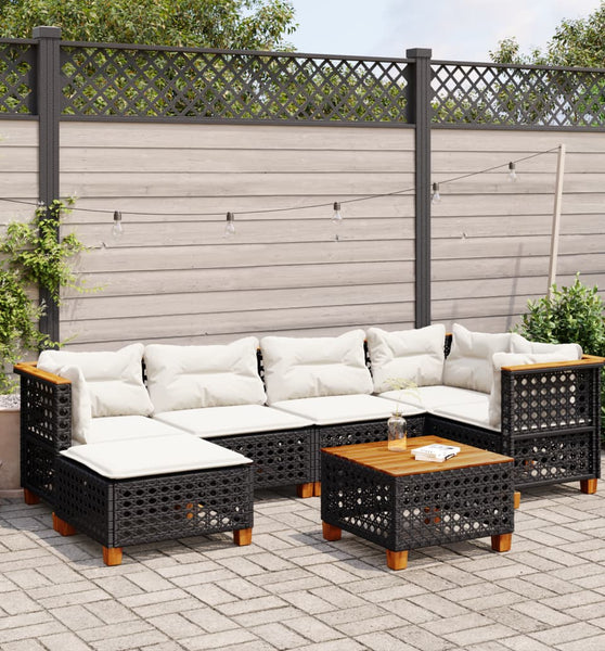7-tlg. Garten-Sofagarnitur mit Kissen Schwarz Poly Rattan