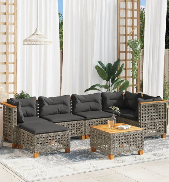 7-tlg. Garten-Sofagarnitur mit Kissen Grau Poly Rattan