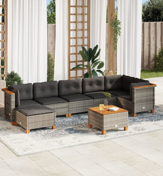 8-tlg. Garten-Sofagarnitur mit Kissen Grau Poly Rattan