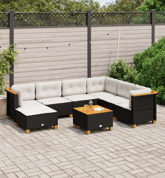 8-tlg. Garten-Sofagarnitur mit Kissen Schwarz Poly Rattan