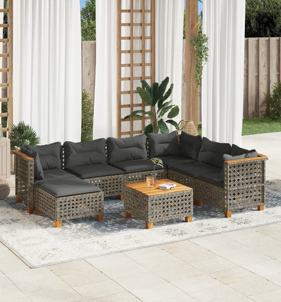 8-tlg. Garten-Sofagarnitur mit Kissen Grau Poly Rattan