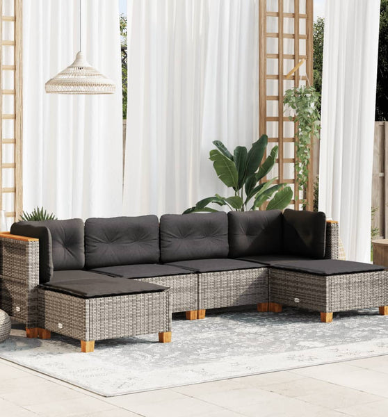 6-tlg. Garten-Sofagarnitur mit Kissen Grau Poly Rattan