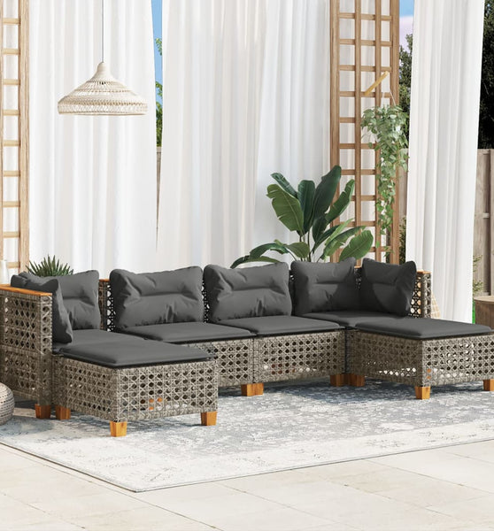 6-tlg. Garten-Sofagarnitur mit Kissen Grau Poly Rattan