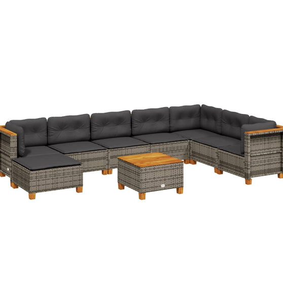 9-tlg. Garten-Sofagarnitur mit Kissen Grau Poly Rattan