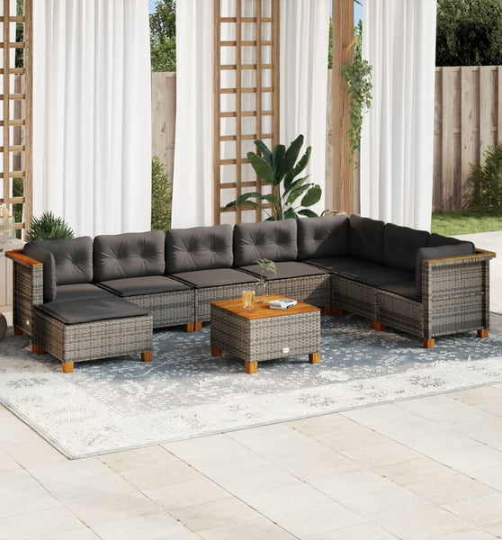 9-tlg. Garten-Sofagarnitur mit Kissen Grau Poly Rattan