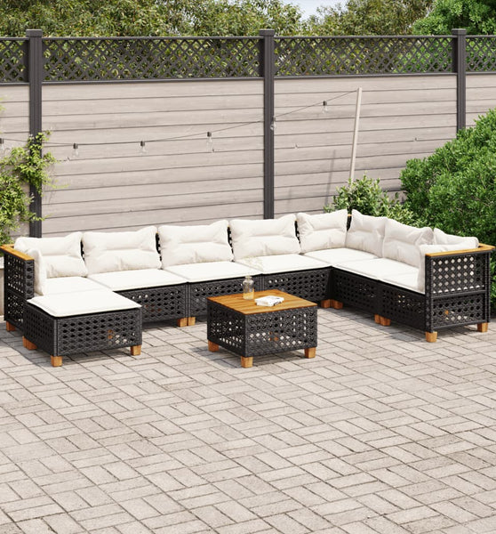 9-tlg. Garten-Sofagarnitur mit Kissen Schwarz Poly Rattan