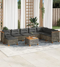 9-tlg. Garten-Sofagarnitur mit Kissen Grau Poly Rattan