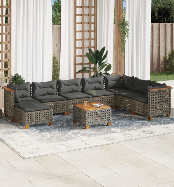 9-tlg. Garten-Sofagarnitur mit Kissen Grau Poly Rattan
